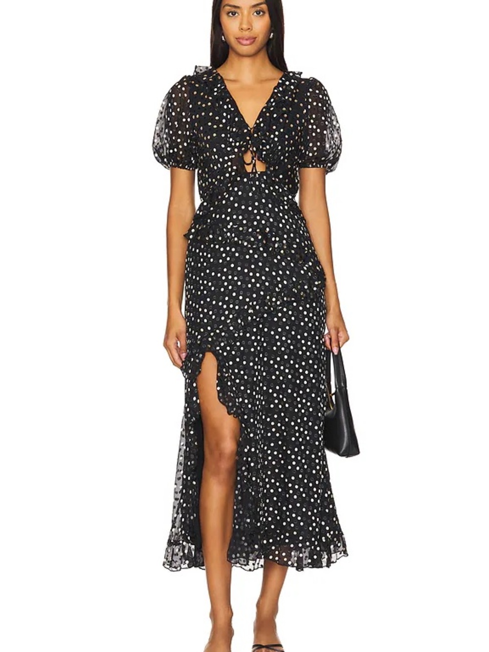 ASTR Black and White Polka Dot Puff-Sleeve Midi Dress NWT